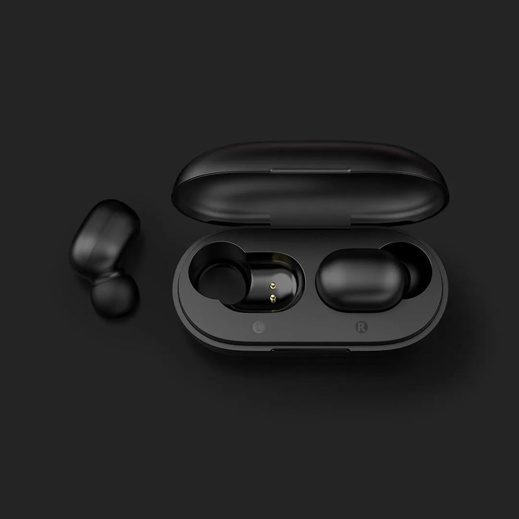 Black true wireless Bluetooth earbud headset showing left and right earbuds.