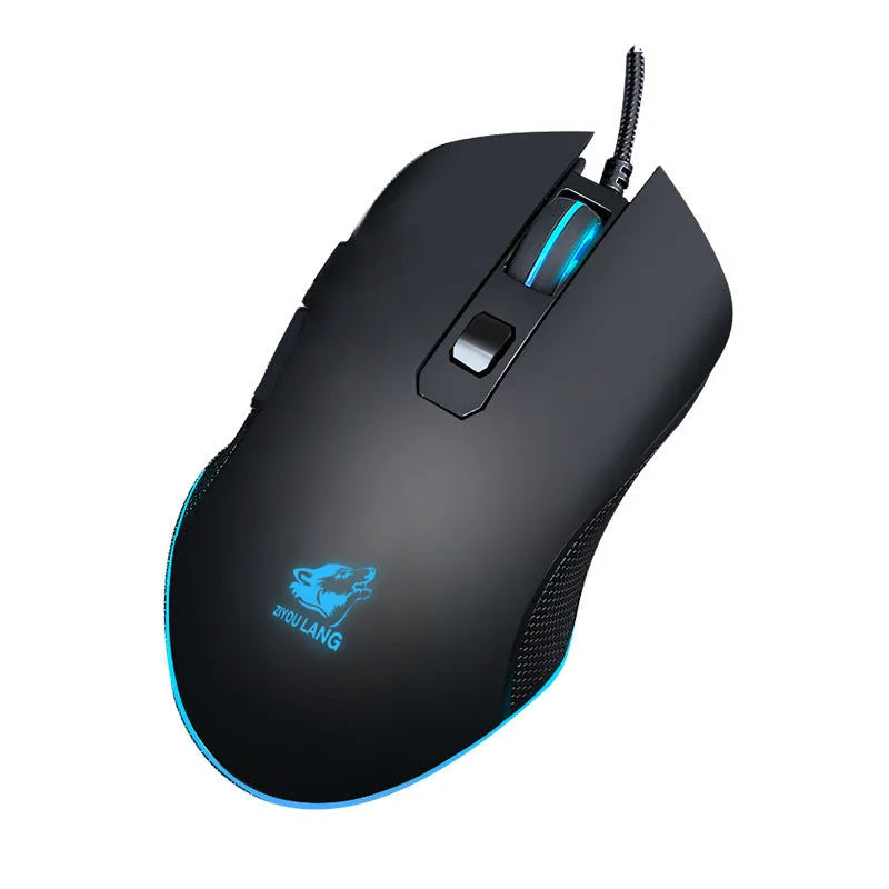 Black RGB wired gaming mouse with ergonomic shape and full-colour lighting effects on a desk setup