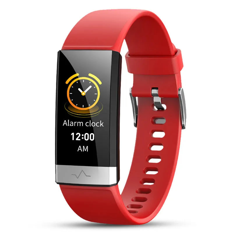 V19 smart fitness tracker bracelet with colour screen on a wrist, showing health metrics.