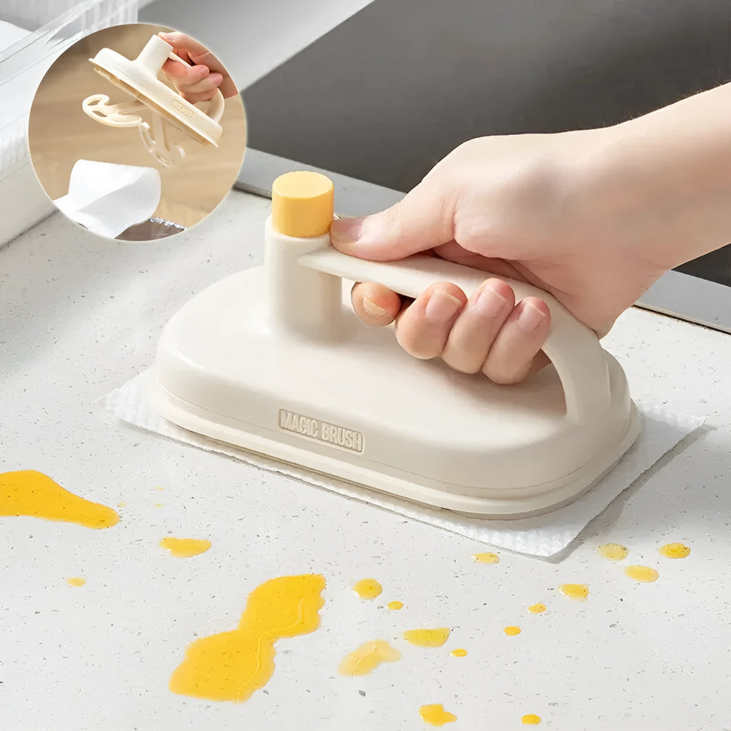Magic Brush cleaning tool with disposable white rag heads for bathroom tile and glass cleaning.