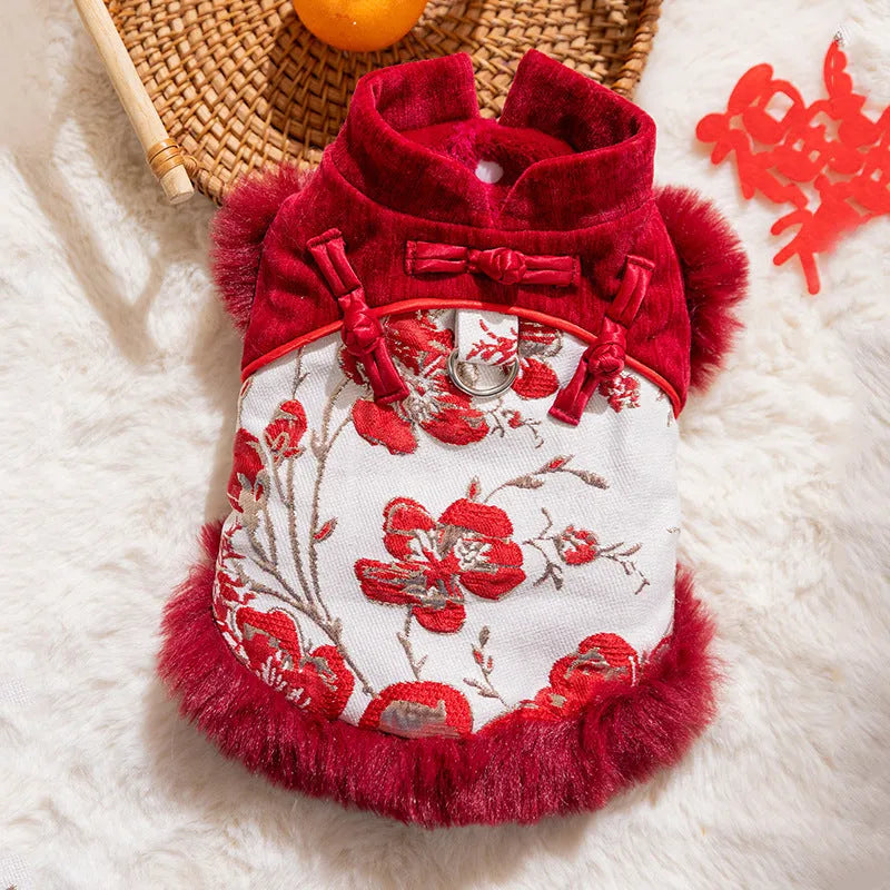 Chinese-style pet jacket with stand-up collar and festive prints in red or pink for small dogs and cats