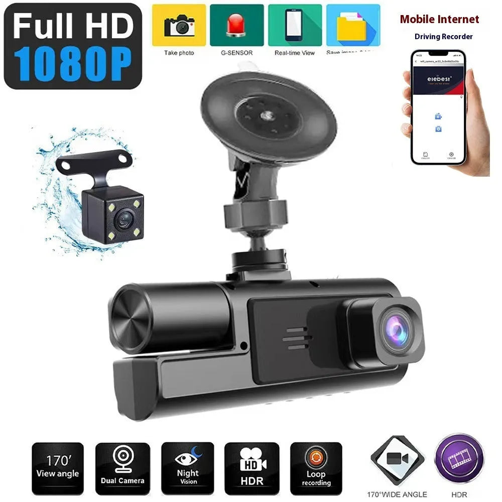 Dual-lens HD driving recorder with 3.5-inch LCD screen mounted on car windshield.