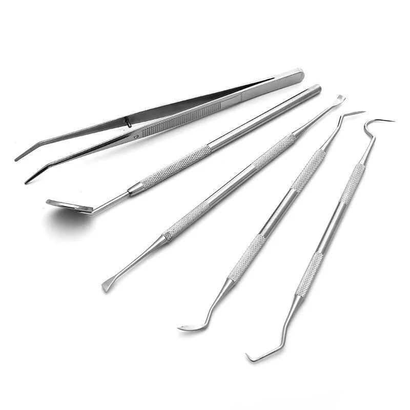 Stainless steel dental tools set with oral mirror in 5 pieces for home tooth care cleaning