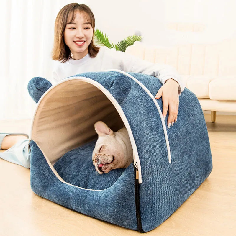 Enclosed chenille pet kennel with removable washable cover in blue, M size, for dogs under 10kg