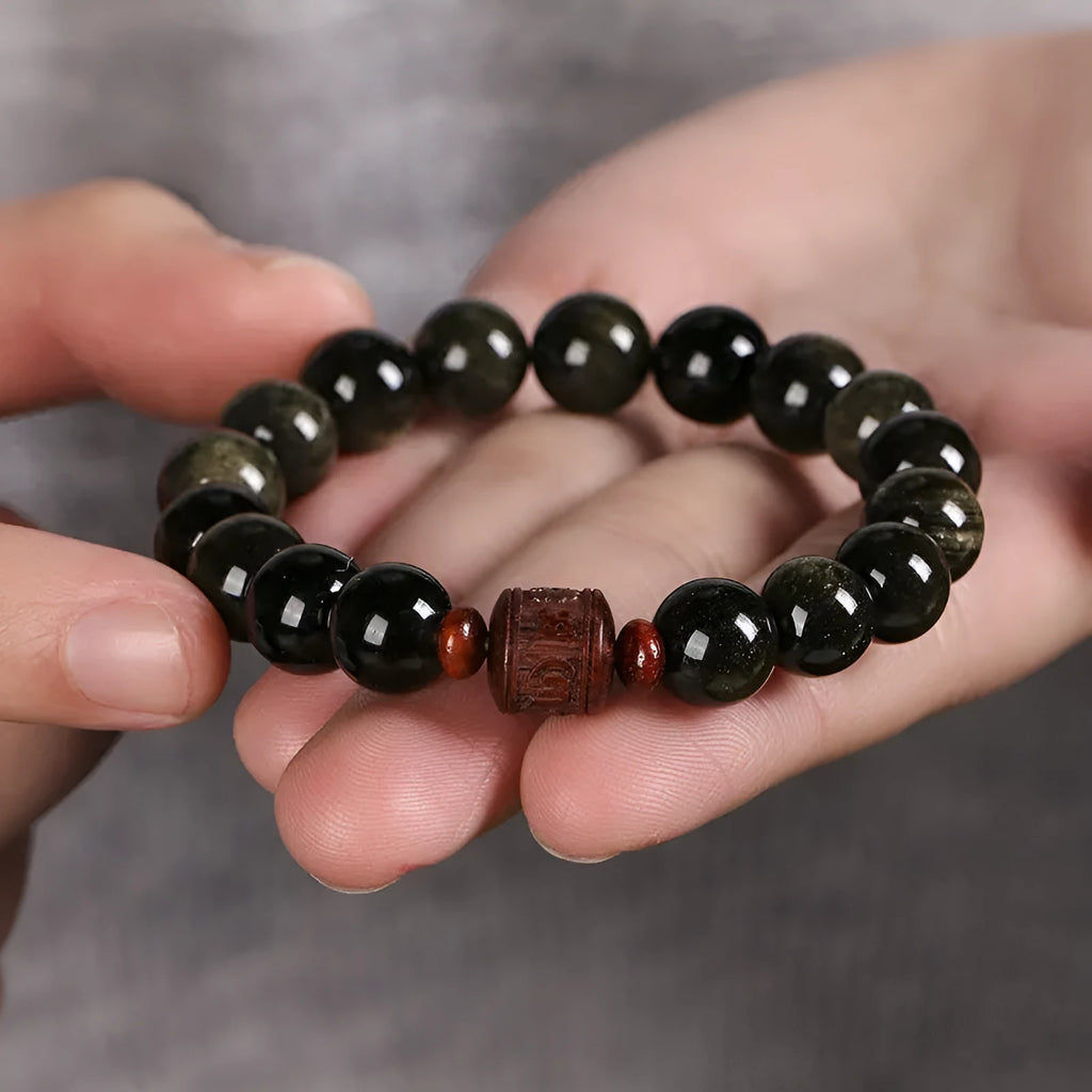 Golden obsidian vintage life bracelet with 10mm hand-woven beads and national style elements