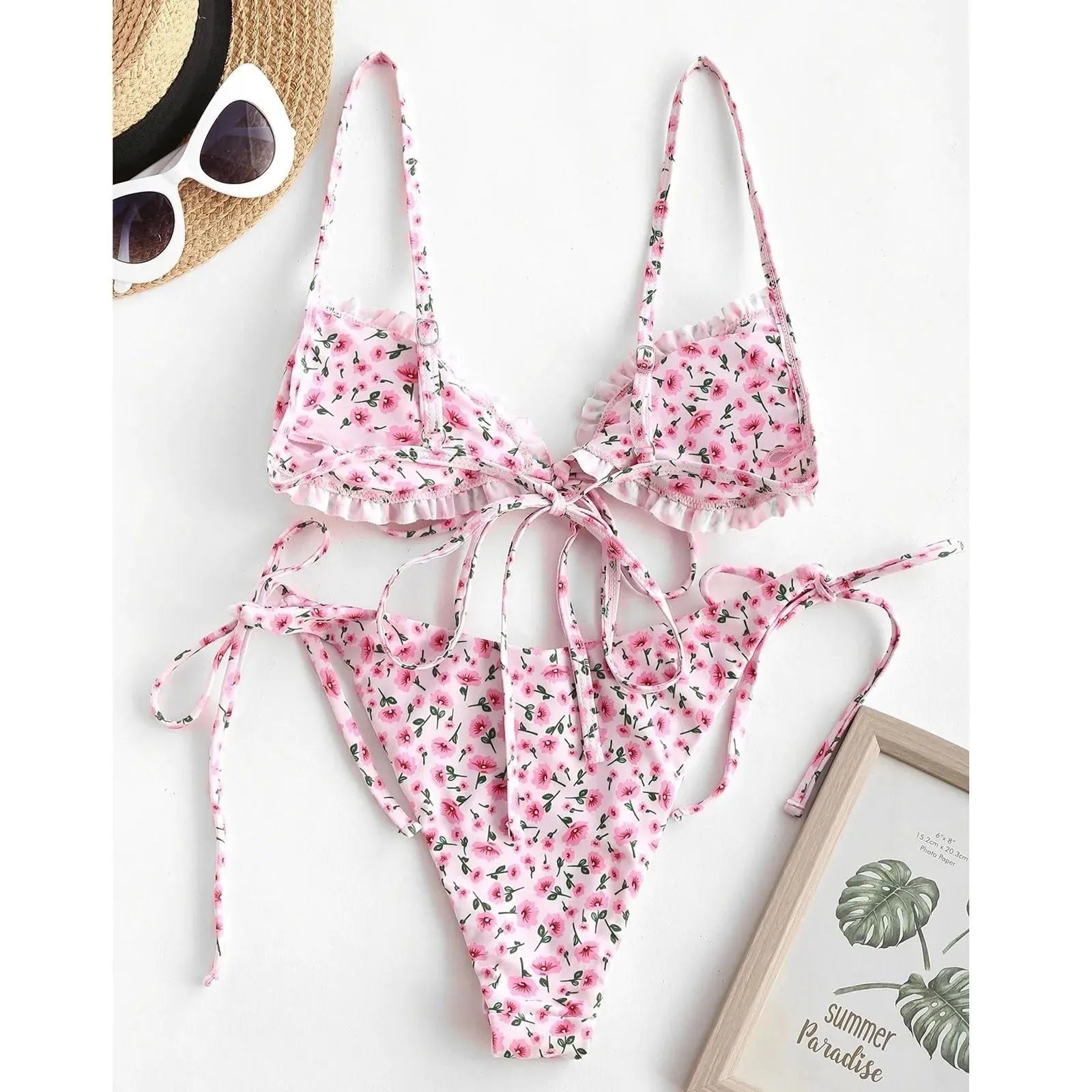Blue and pink women's printed multi-rope banded bikini swimsuit with pullover style