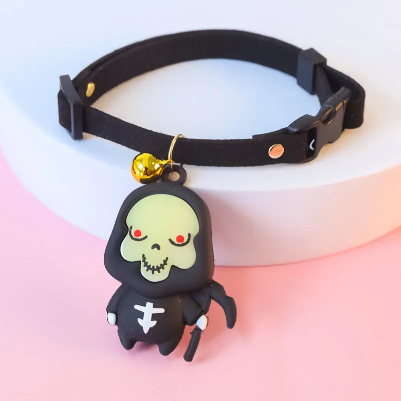 Halloween dog collar decoration showing pumpkin man, luminous brat, and luminous skull cartoon patterns on polyester fabric