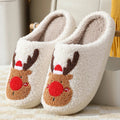 Christmas elk plush house slippers in red and green with anti-slip sole and artificial wool lining
