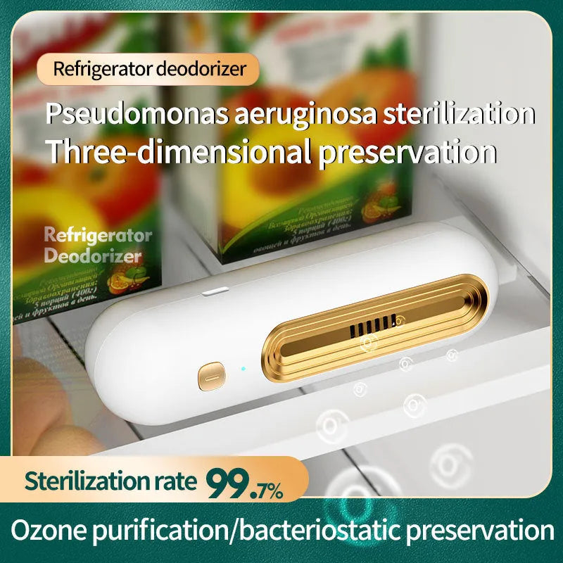 USB ozone air purifier and refrigerator deodorizer in gold, silver, or purple, for spaces under 10 sqm, below 36dB