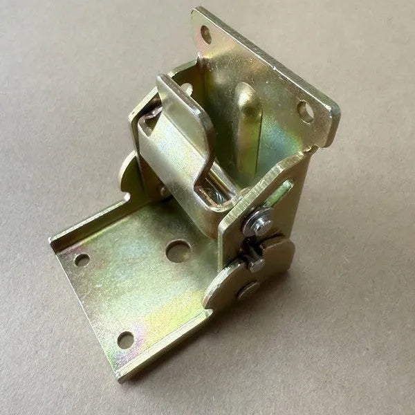 Folding furniture hinge with self-locking mechanism in multiple electroplated finishes including black bronze and matte black.