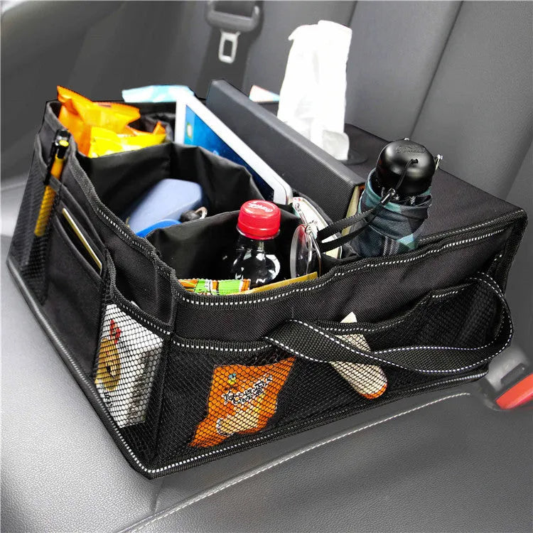 Black oxford cloth car trunk storage box with carry handle, 33cm dimensions