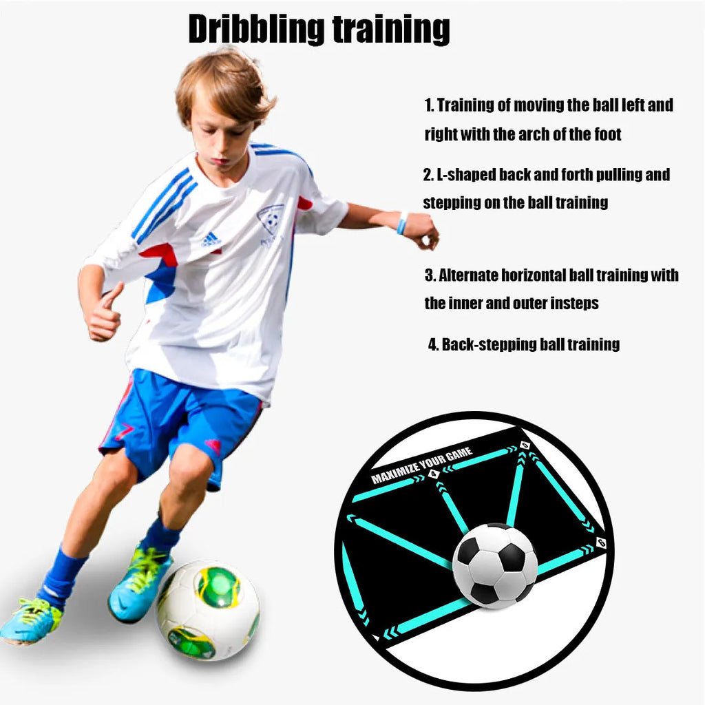 Black rectangular non-slip football training mat measuring 60 by 90 centimetres.