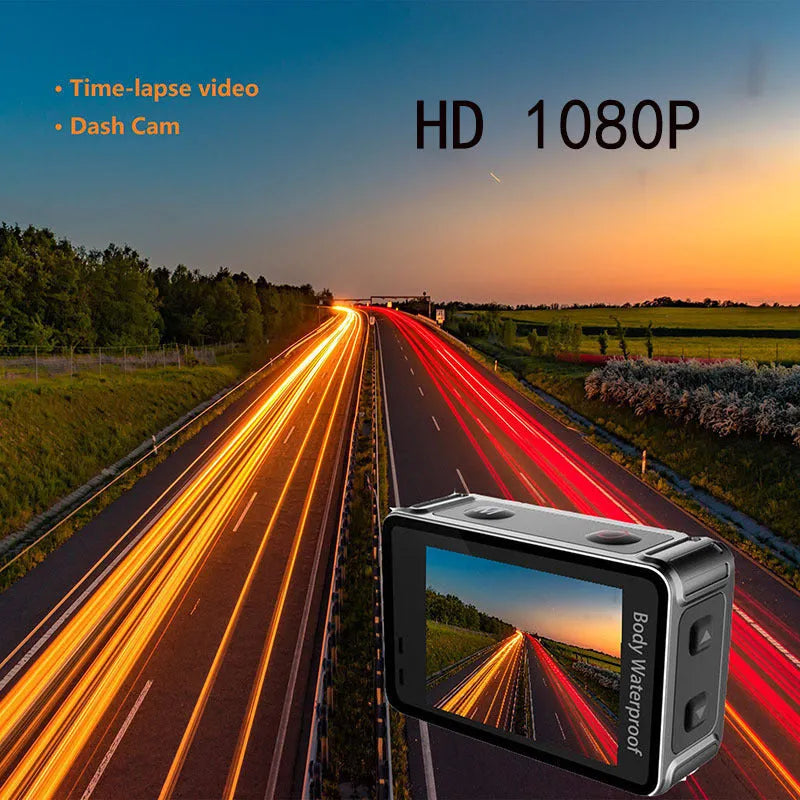 Black sports action camera with touch screen and wide-angle lens, dimensions 66x44x31mm