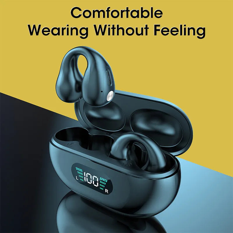 Bone conduction Bluetooth headset clip in ear clip design showing black, white, and khaki colour options