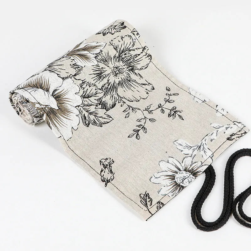 Black peony printed canvas pencil roll bag with 24 or 72 holes for pencil organisation