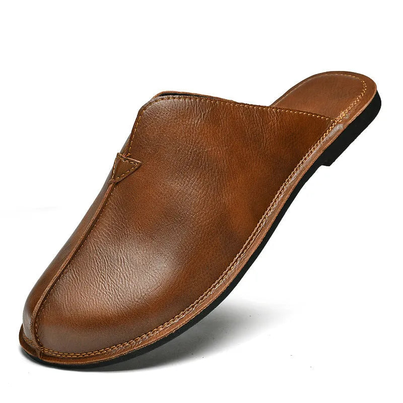 Men's Retro Easy Matching Lazy Flat Beach Slippers in Brown and Black with Rubber Sole, Available in Sizes 38 to 47 for Casual Summer Wear