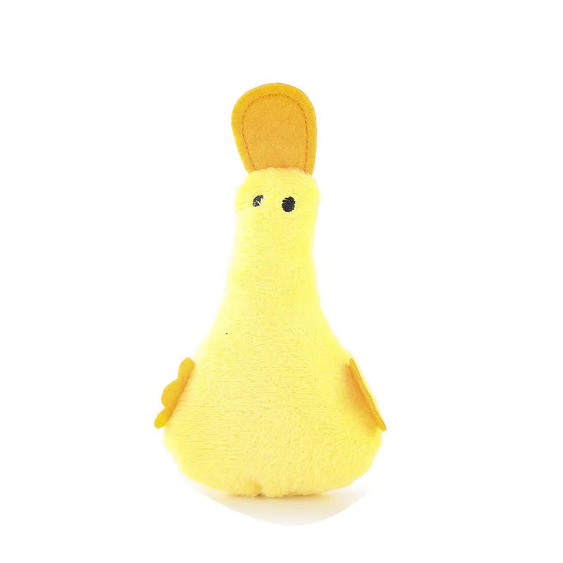 Colourful plush duck pet toy with catnip, a squeaker, and a crinkle rattle for cats and dogs.