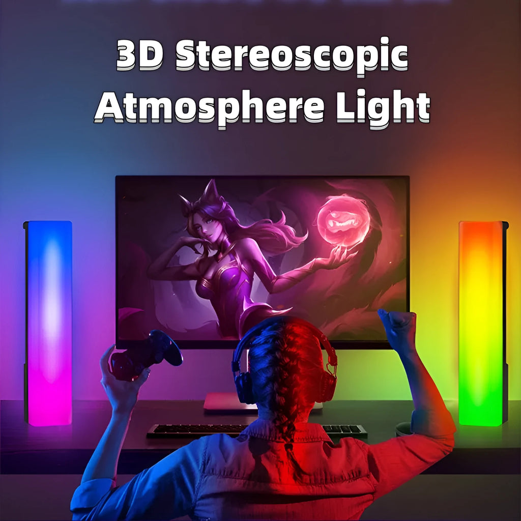 3D RGB pick-up table top ambience lamp in black or white with voice and music activation.
