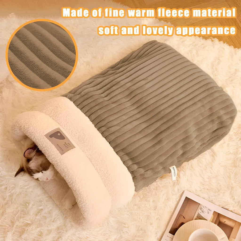 Brown semi-enclosed cat sleeping bag with plush cotton velvet and lambswool construction on a wooden floor.