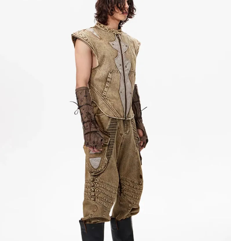 Dark denim pleated vest on hanger showing Korean-style cut and water-washed cotton fabric texture