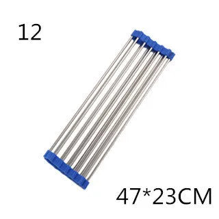 Folding stainless steel kitchen sink drying rack in red colour, shown extended for use.