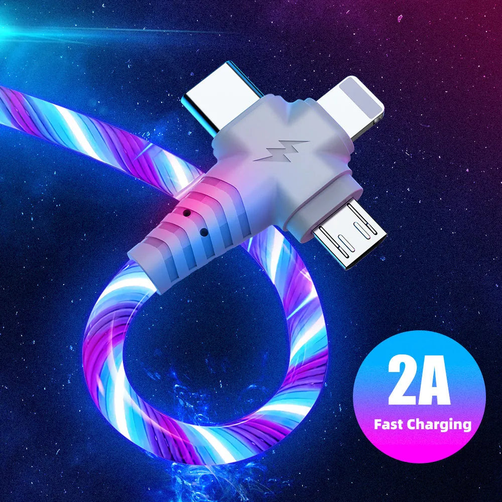 Luminous three-in-one fast charging cable with aluminium alloy connectors for USB C and Micro USB devices.