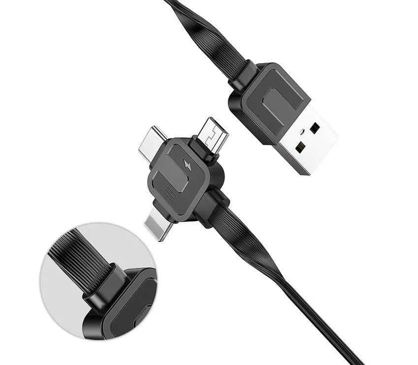 Black telescopic 3-in-1 fast charging cable extended to 1m with Micro USB, USB-C, and Lightning connectors