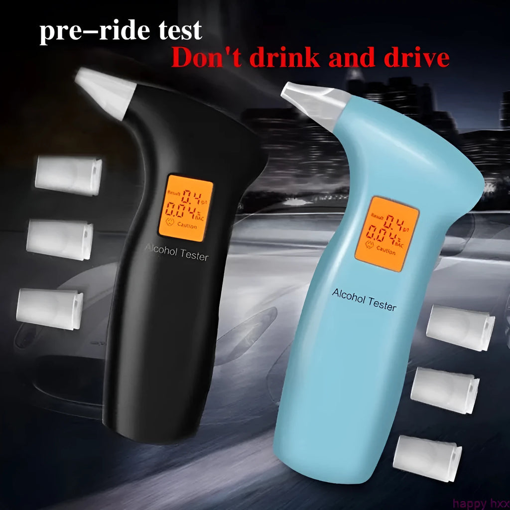 Portable orange LED breath alcohol tester with replaceable mouthpieces on a dark grey background.