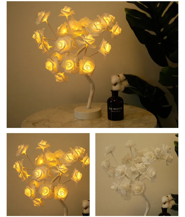 White and red PE cotton rose flower lamp with warm white LED lights on a table, with battery and USB power options.