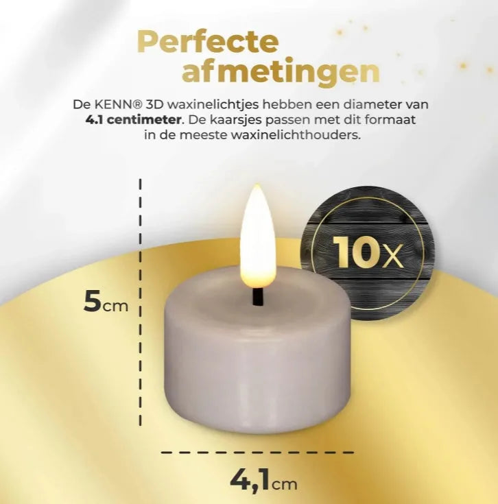 Four taupe-coloured LED tealight candles with a glowing 3D flame effect on a table.