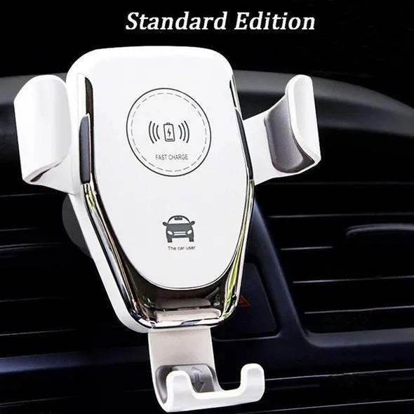 Black car wireless charger with automatic arms, mounted on a car air vent, charging an iPhone.