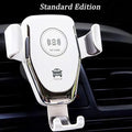 Black car wireless charger with automatic arms, mounted on a car air vent, charging an iPhone.