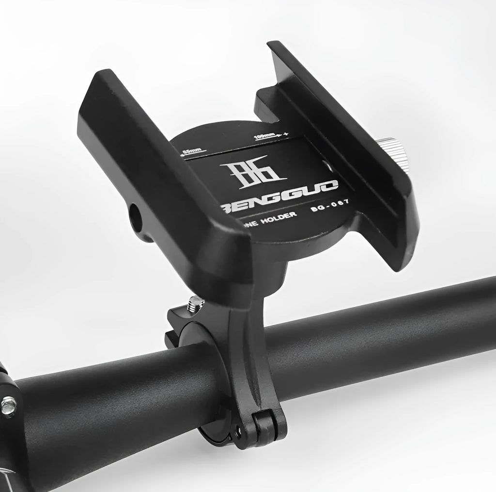 Aluminium bicycle phone holder mounted on handlebar with phone inserted, showing black finish