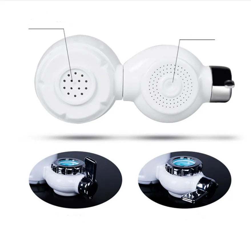 White plastic faucet water filter unit with adapters and ceramic cartridge for kitchen tap installation.