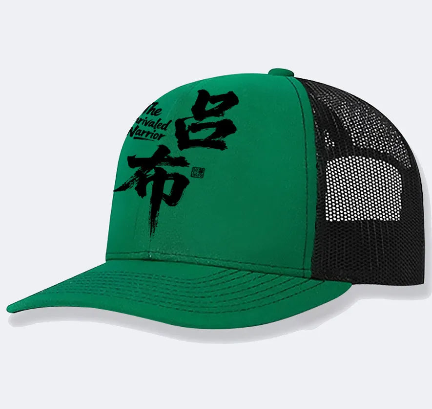 Men's white polyester baseball cap with adjustable snapback strap and curved green visor on a wooden table.