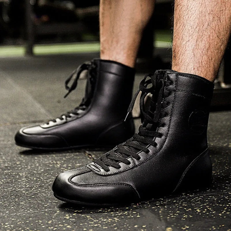 Black gold professional boxing shoes with mesh upper and rubber sole