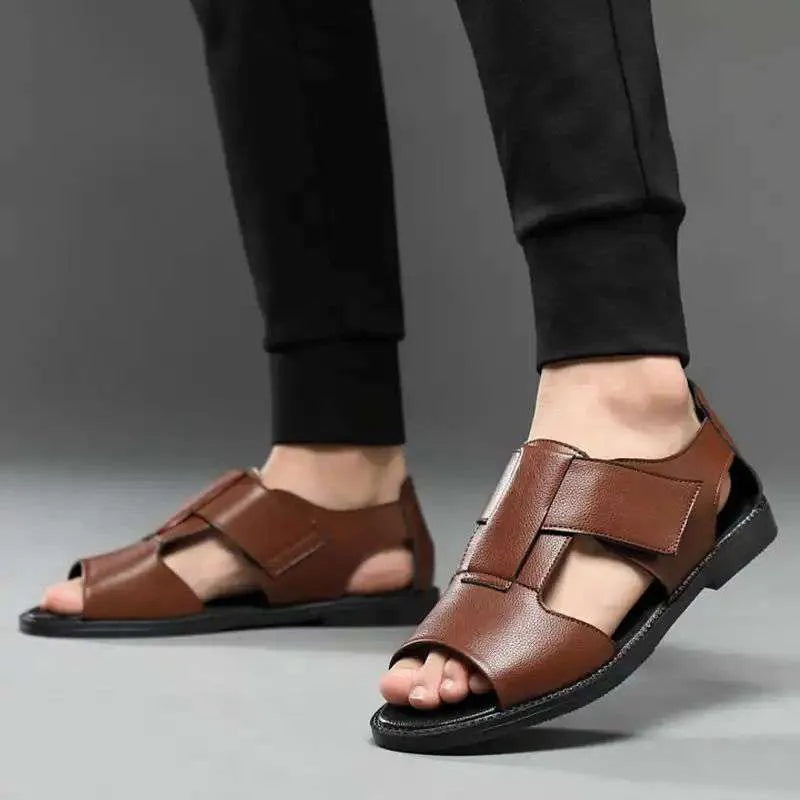 Men's black and brown leather Roman sandals with open toe design and non-slip rubber soles
