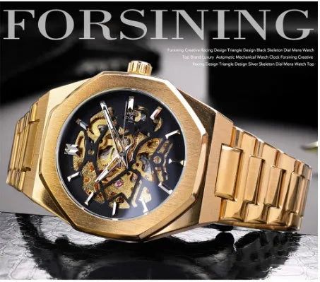 Mechanical automatic watch for men with skeleton dial, stainless steel case, genuine leather band, 41mm