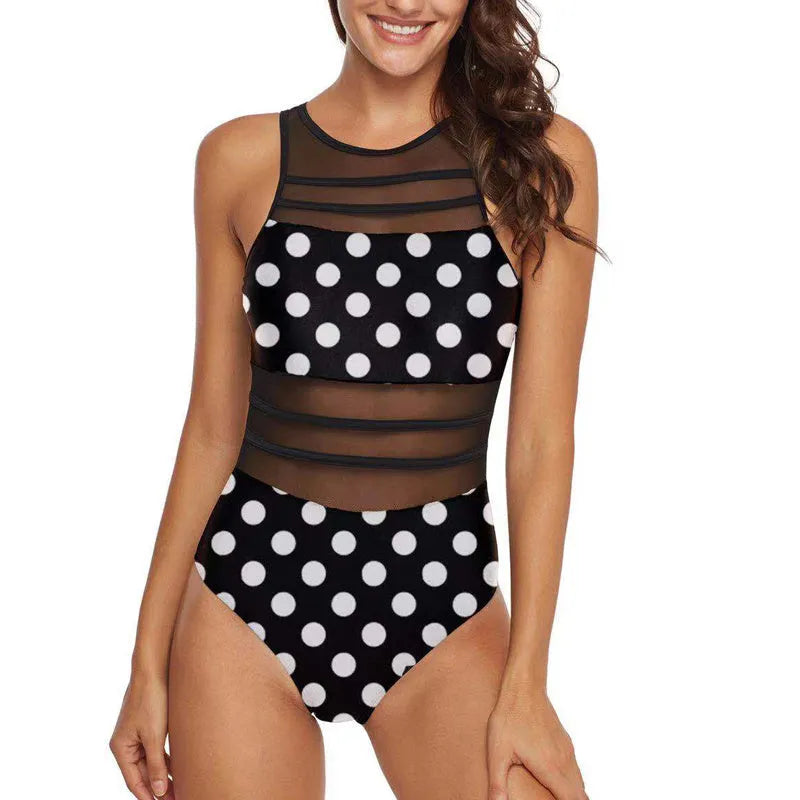Women's mesh swimsuit with open back and turtleneck in black, blue or wine red
