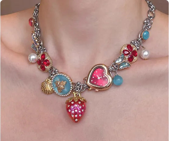 Red blue strawberry clock butterfly titanium steel necklace online exclusive for women