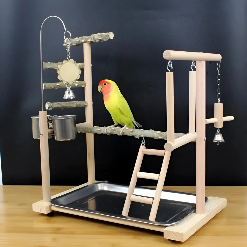 Pepper wood parrot stand with multi-level poles and an integrated bird toy.