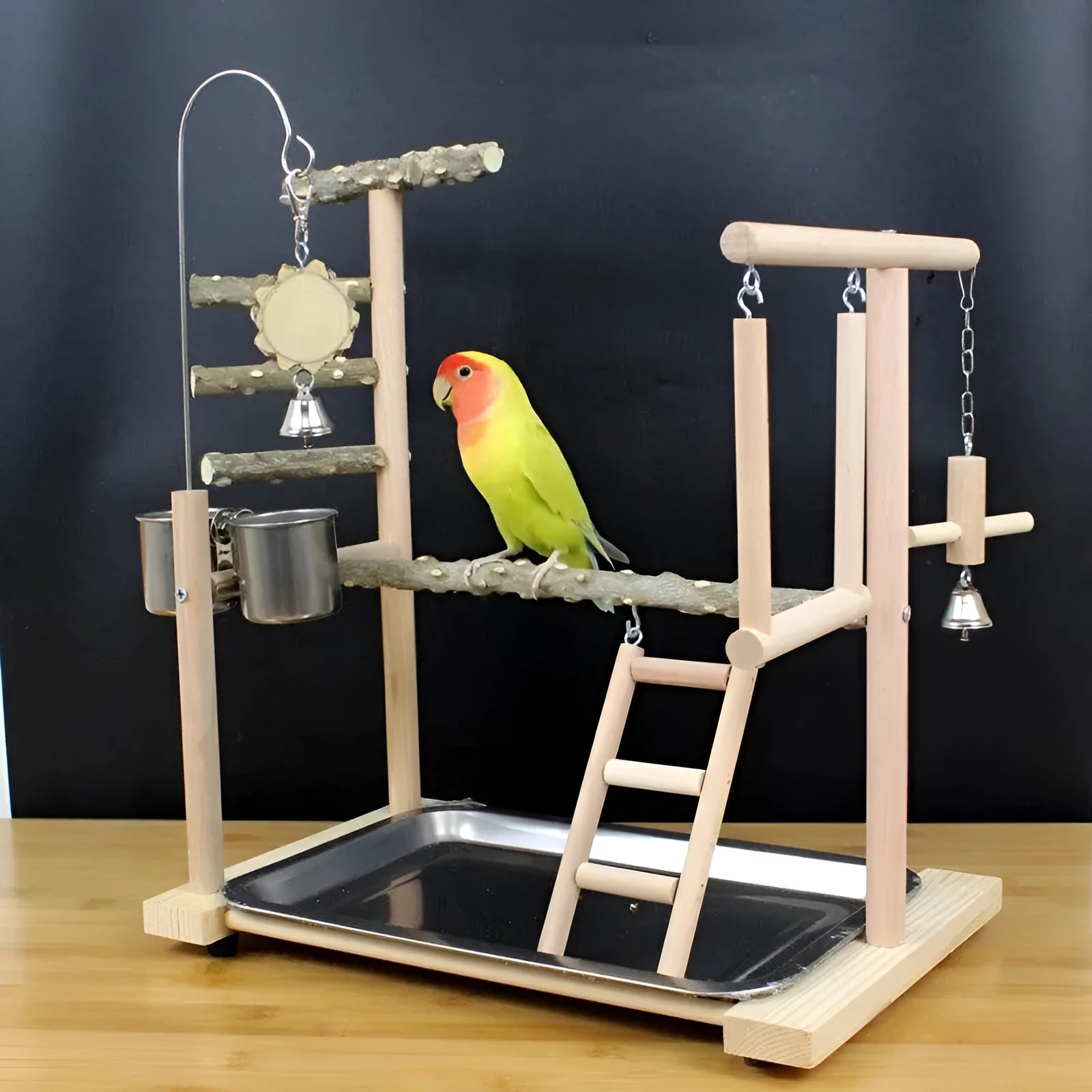 Pepper wood parrot stand with multi-level poles and an integrated bird toy.