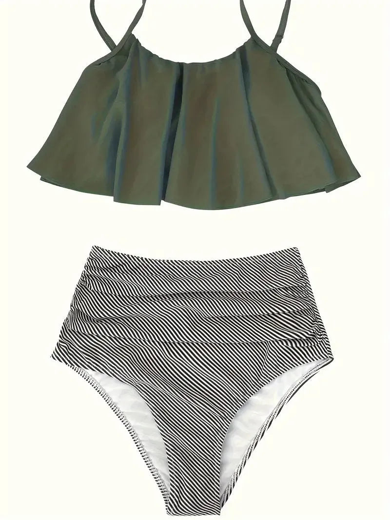 Women's high-waisted conservative ruffled swimsuit in polyester fibre available in multiple colours