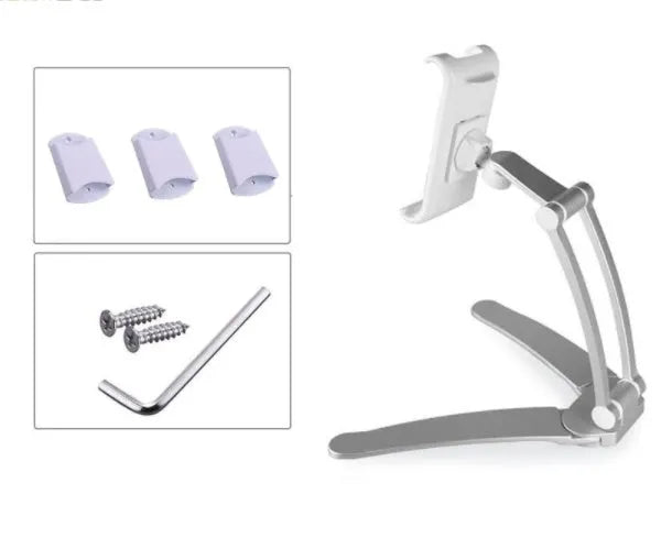 Silver aluminium alloy desktop tablet stand with adjustable clips and 360-degree rotation on a white mount.