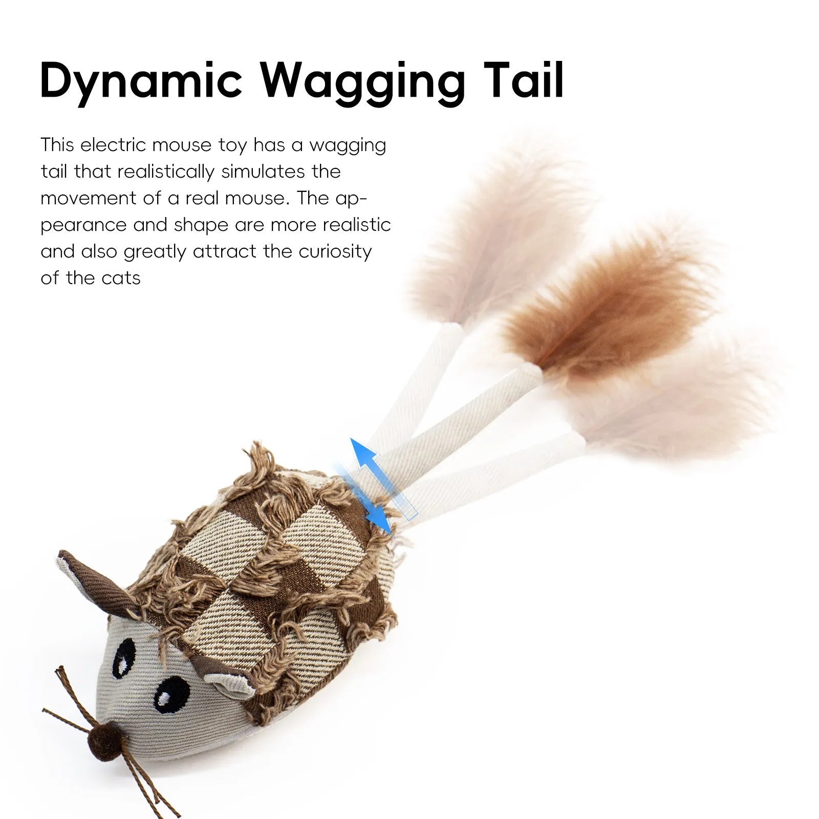 Blue electronic moving mouse cat toy with feather attachment showing 18cm size