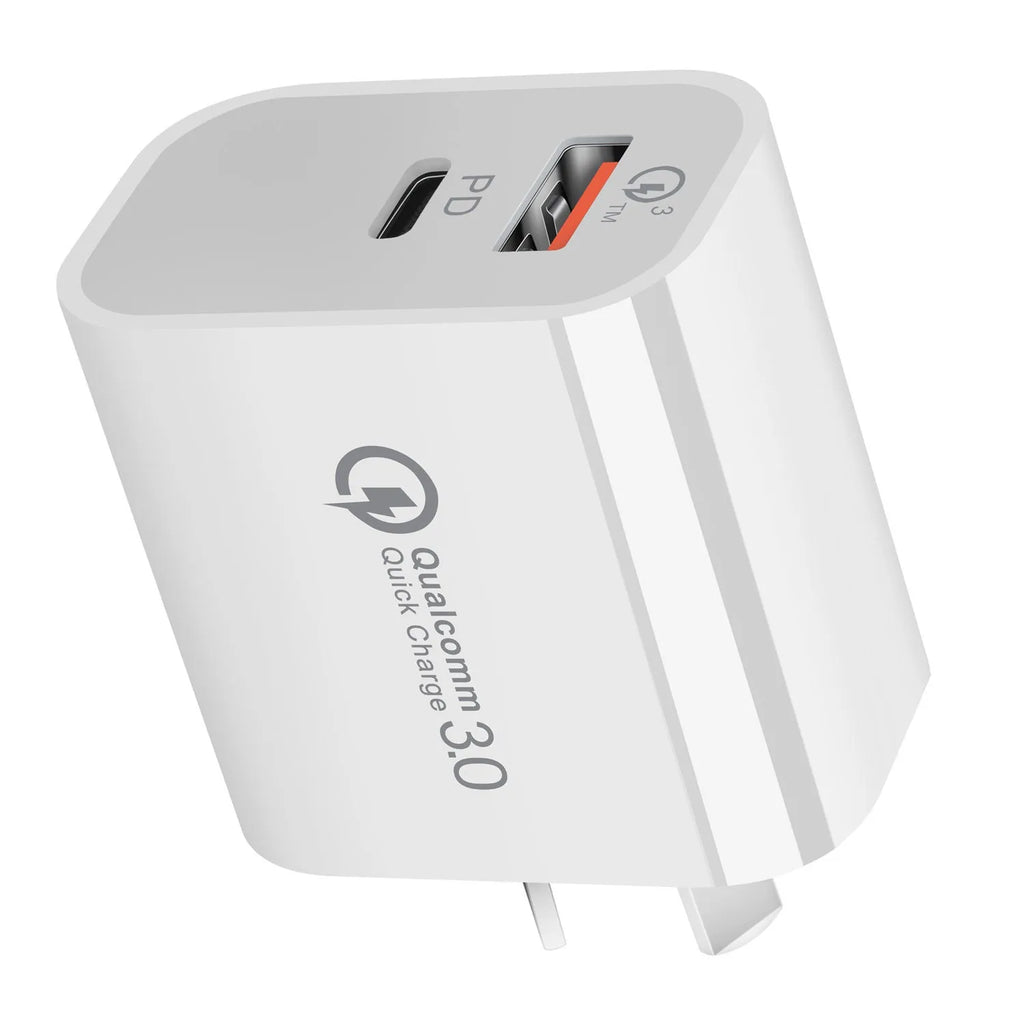 White Australian Standard dual port USB charger with USB-A and USB-C interfaces