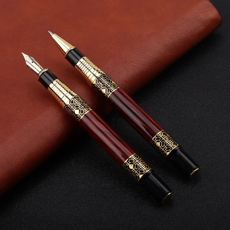 Metal fountain pen with imitation mahogany wood grain finish and 0.5mm nib on a desk setup