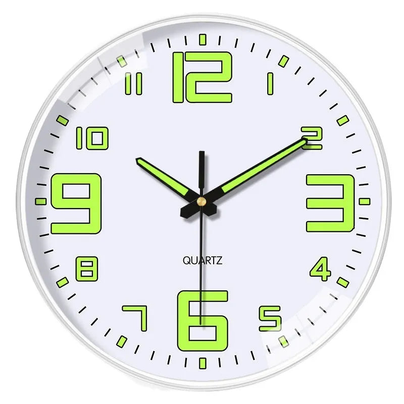 8 inch luminous wall clock with modern plastic shell on a wall