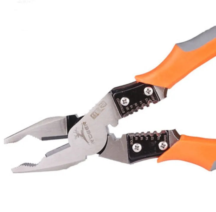 Orange-handled multi-function wire cutter pliers with chrome steel jaws for cutting and stripping electrical wire.