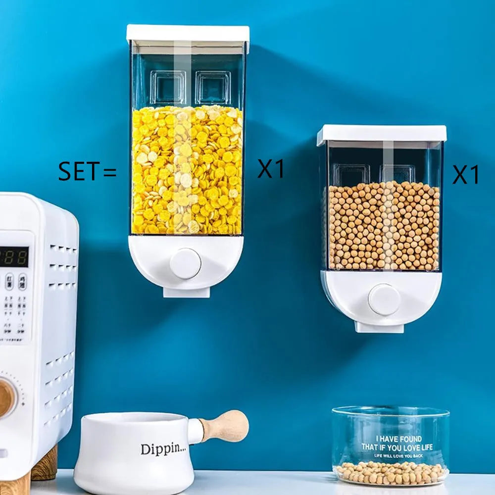 Clear plastic wall-mounted kitchen food storage container with easy-press lid for cereals and dry goods.